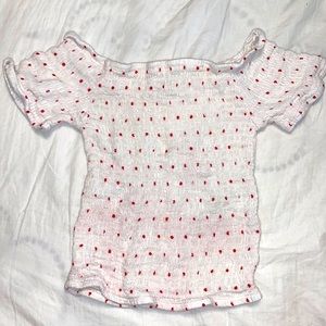 white and red polkadot top
